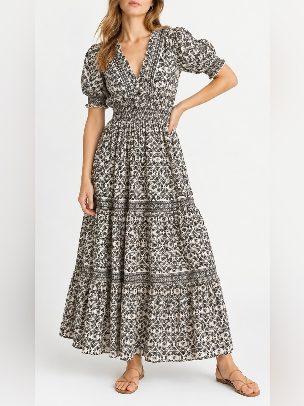 Max Studio London Size S Black Ivory Boho Floral Smocked Waist Maxi Dress